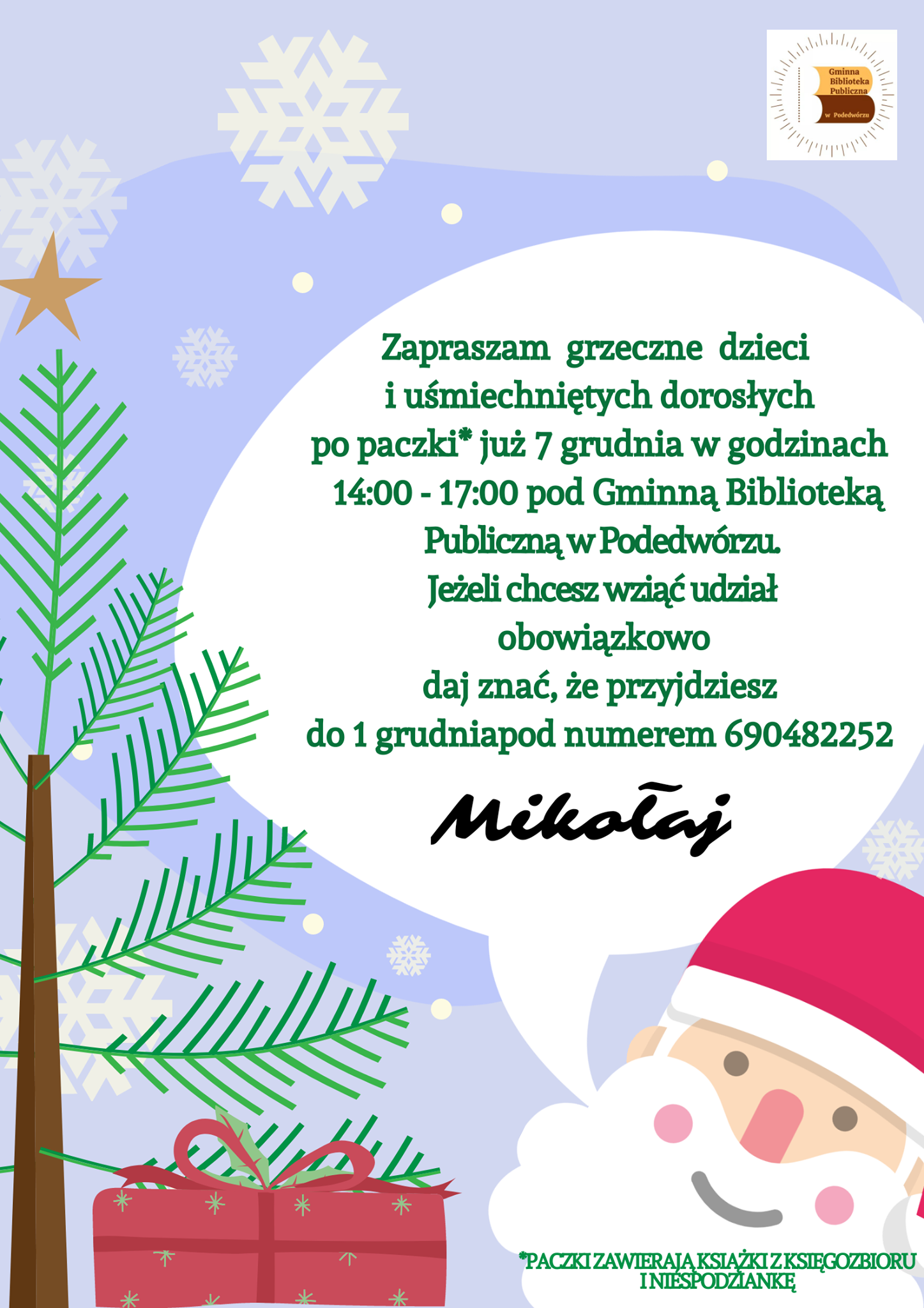 Plakat informacyjny do akcji Mikołajki w GBP w Podedwórzu